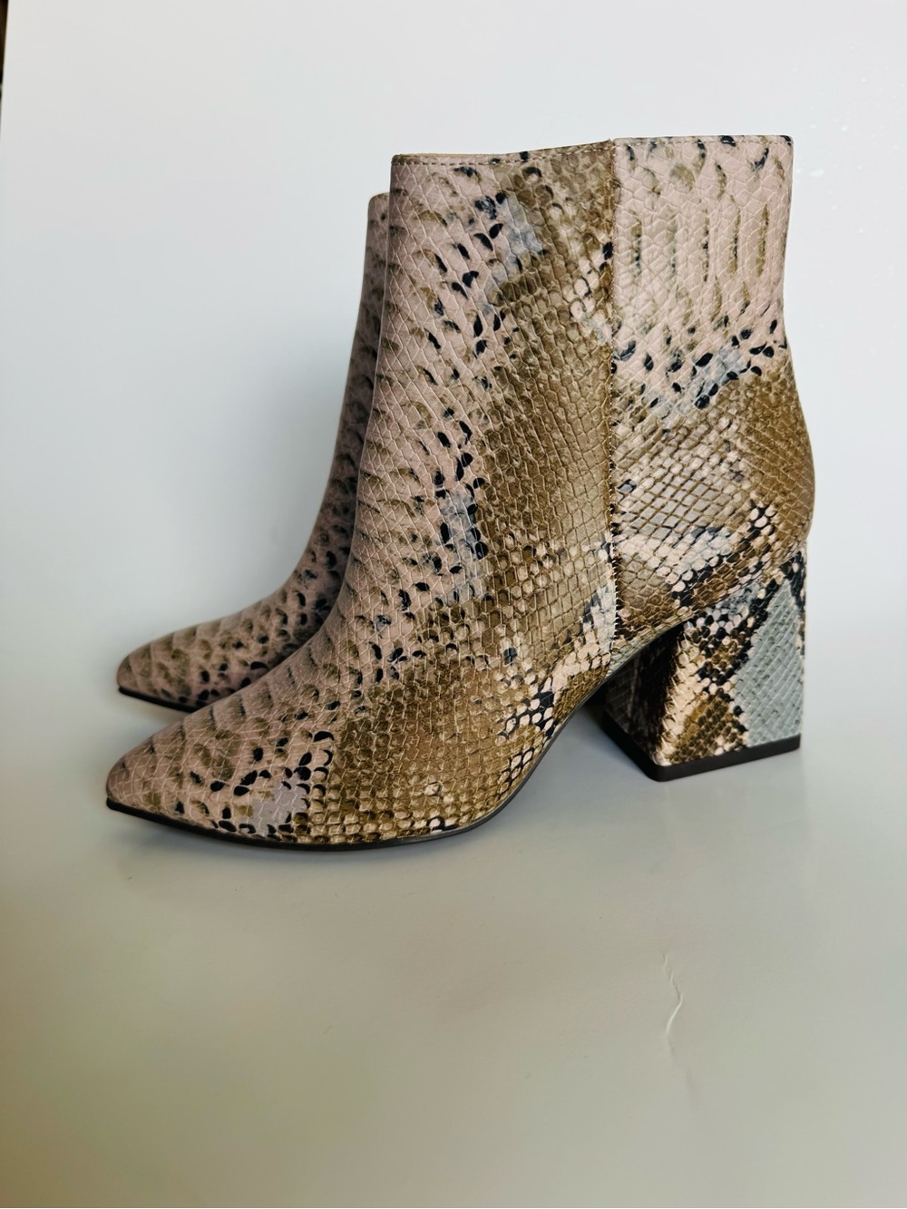 Journee Collection Taupe Snake-Print Block Heel Ankle Boots